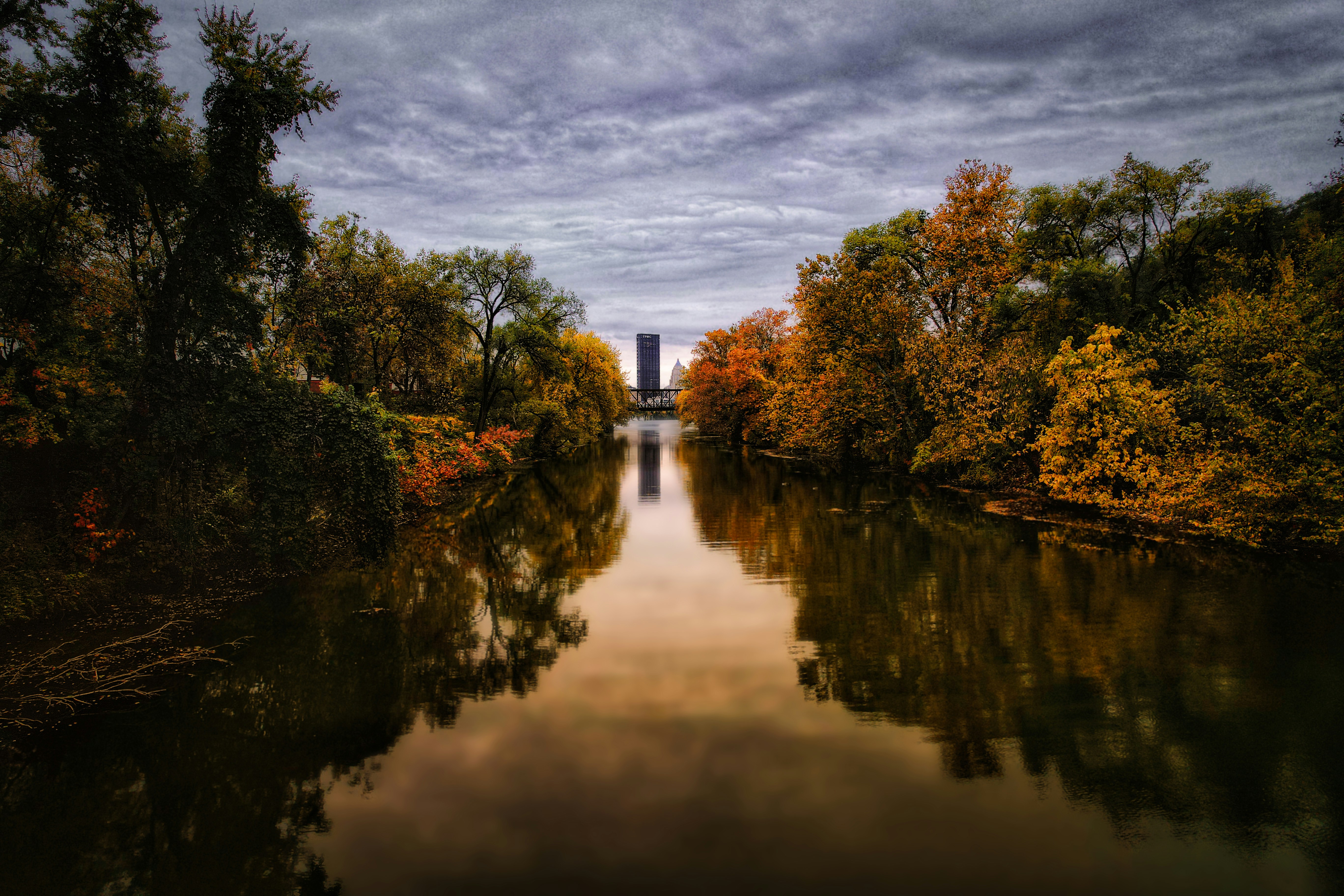 a body of water surrounded by trees under a cloudy sky
