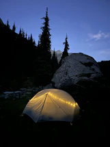 Cozy glamping tent lit warmly at dusk with a backdrop of towering pine trees.