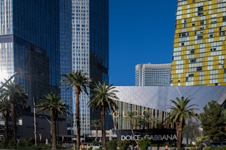 Tall, modern skyscrapers tower above the landscape with a mix of geometric glass and metallic designs. Palm trees line the foreground, adding a touch of greenery to the urban setting. Large, prominent signs for luxury brands Gucci and Dolce & Gabbana contrast with the sleek buildings.