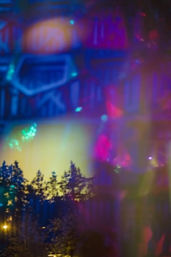 An abstract composition featuring a blend of colorful lights and shadows, with outlines of trees visible against a backdrop of vibrant hues. The image includes a mixture of deep blues, bright pinks, and soft yellows creating a dreamlike atmosphere.