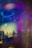 An abstract composition featuring a blend of colorful lights and shadows, with outlines of trees visible against a backdrop of vibrant hues. The image includes a mixture of deep blues, bright pinks, and soft yellows creating a dreamlike atmosphere.