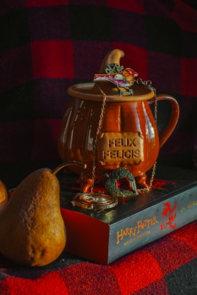 A ceramic mug labeled 'Felix Felicis' with a lid resembling a wizard's hat is adorned with a small flying creature pin. A chain with a pendant hangs from the mug, and it sits atop a 'Harry Potter and the Goblet of Fire' book. Next to the book is a pear and a golden time-turner necklace, against a red and black checkered fabric background.