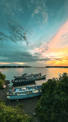 Colorful boats docked along the wooden pier of Ilha da Gigoia at sunset.