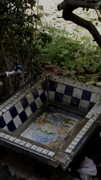 A decorative outdoor basin with a checkered tile pattern border and a floral painting inside, surrounded by greenery and vegetation. A blue faucet is visible on the left side attached to a metal pipe, and a plastic bottle is partially visible behind the basin. A gnarled tree branch extends overhead, casting some shadow on the scene.