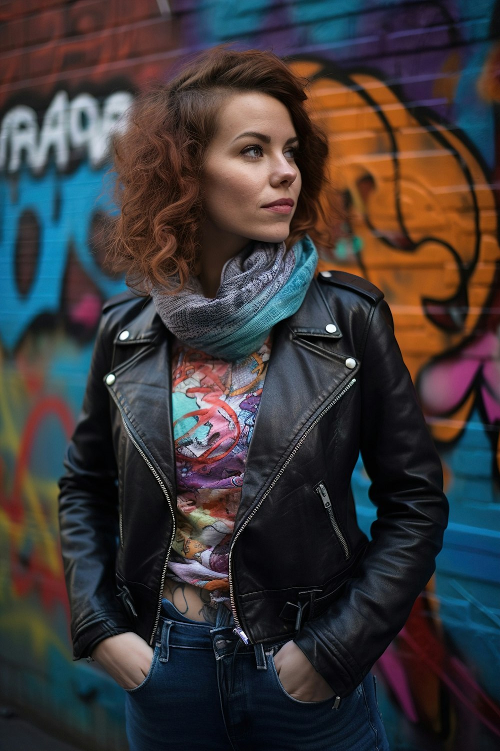 a woman standing in front of a wall covered in graffiti