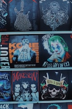 A collection of graphic images featuring various themes and personalities, including a detailed guitar design with text, an octopus illustration, a basketball player with the name 'Kobe,' a character resembling a clown with makeup, four individuals with dark makeup and hairstyles in a rock band style, and a skull with roses and guns symbolizing a famous rock band.