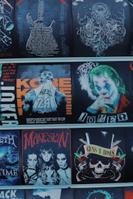 A collection of graphic images featuring various themes and personalities, including a detailed guitar design with text, an octopus illustration, a basketball player with the name 'Kobe,' a character resembling a clown with makeup, four individuals with dark makeup and hairstyles in a rock band style, and a skull with roses and guns symbolizing a famous rock band.