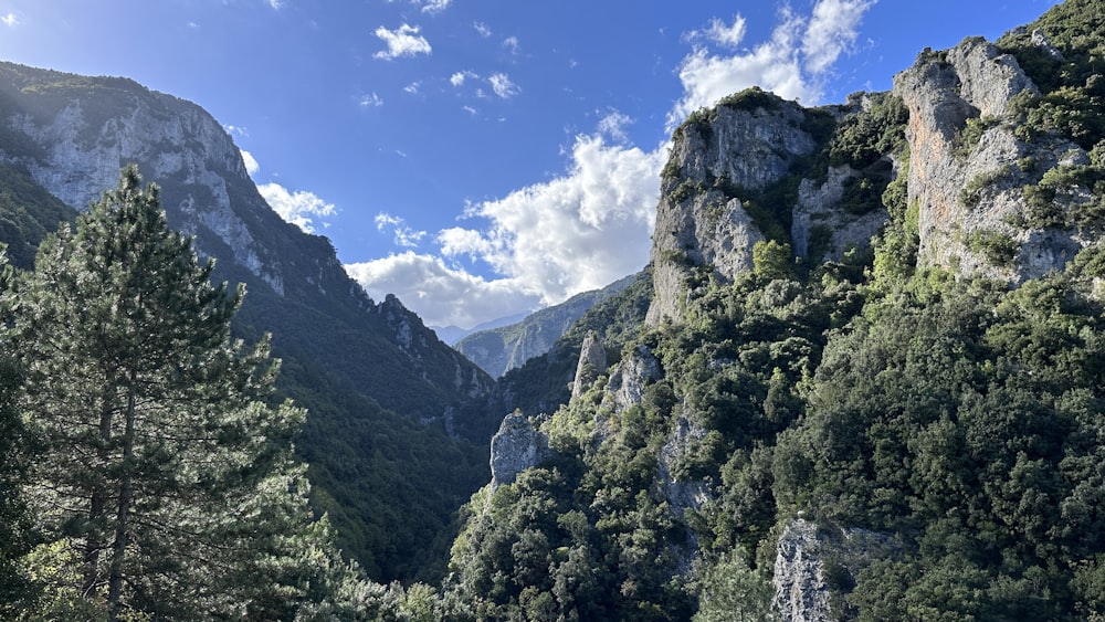 a scenic view of a mountain with trees and mountains in the background