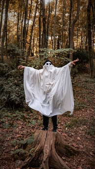 A person dressed as a ghost with a white sheet covering them, standing with arms outstretched on a tree stump. They are wearing black sunglasses, surrounded by a dense forest with tall trees and a scattering of fallen leaves.