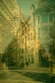 Modern urban scene captured with stereoscopic technique highlighting layers.