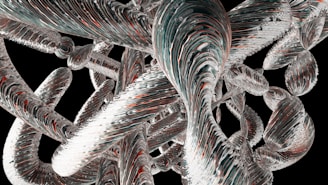 A complex and abstract composition featuring interconnected, fluid-like structures with swirling patterns. These elongated and twisting forms are primarily translucent with hints of dark blue, white, and red, against a stark black background. The interplay of light and texture creates an intricate and dynamic visual effect.