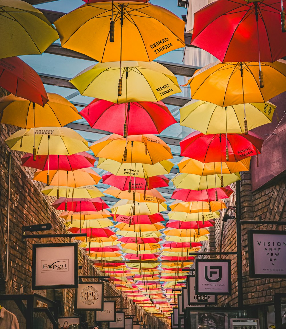 un tas de parapluies qui pendent du plafond