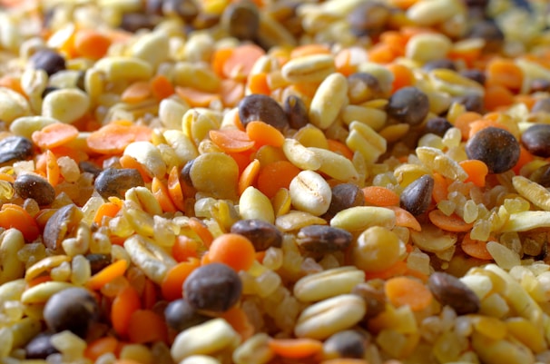 A close-up view of a colorful assortment of various grains and seeds, including lentils, beans, and rice. The image showcases a vibrant mix of orange, yellow, and dark brown colors, emphasizing the texture and variety of the ingredients.