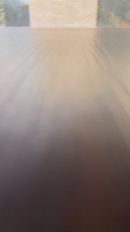 A smooth, blurred, and reflective surface stretches into the background with a mild gradient. The background appears to show an out-of-focus wall and trees, with muted and earthy tones.