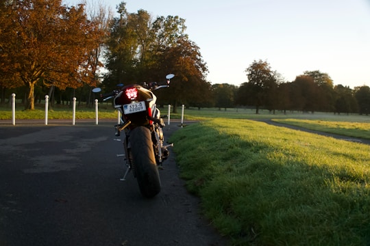 A motorcycle parked on a dirt path surrounded by autumn trees with golden leaves.