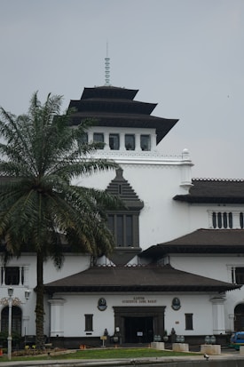 A large colonial-style building with white walls and dark brown wooden accents stands prominently. The architecture features tiered roofs, with a central tower topped by an ornate spire. A tall palm tree is situated in the foreground, and the sky is overcast.