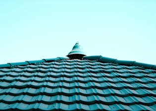 a close up of a roof with a blue sky in the background