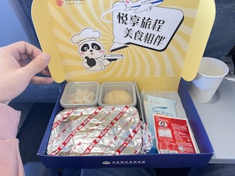 An airline meal tray with various food items including two plastic containers with food, a bread roll, a foil-wrapped main dish, a pack of wet wipes, and a sachet with meal information. The background shows a colorful packaging lid featuring a cartoon panda chef and airplane graphics.