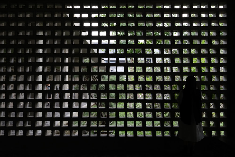 a woman standing in front of a window covered in lots of windows