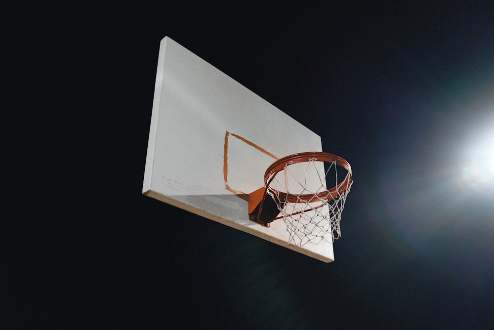 a basketball going through the hoop at night