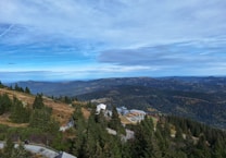 A vast landscape featuring a mountainous terrain covered with dense pine forests. A winding road leads to a modern building with long pathways. The sky is expansive with patches of blue intermingled with clouds, providing a sense of openness.