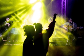 A band performing on stage with bright, colorful lighting creating a dramatic effect. Two silhouetted figures stand in the foreground, adding depth to the scene. The musicians appear engaged with their instruments, suggesting a live performance setting.