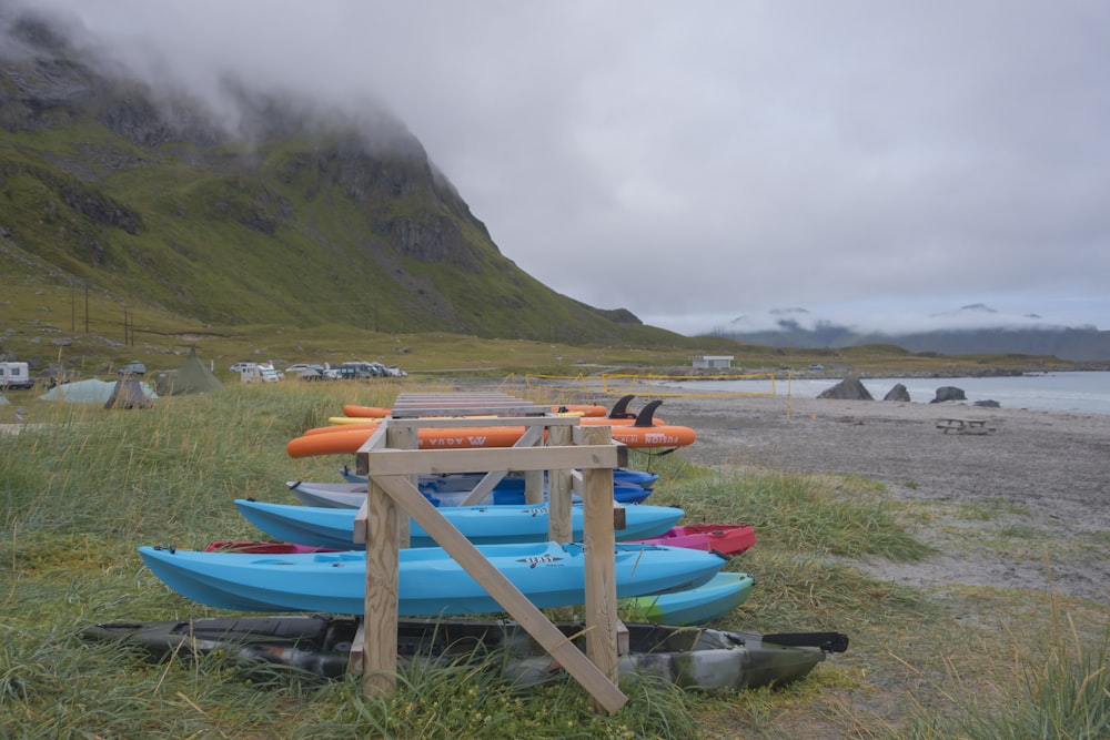 a row of kayaks sitting on top of a grass covered field