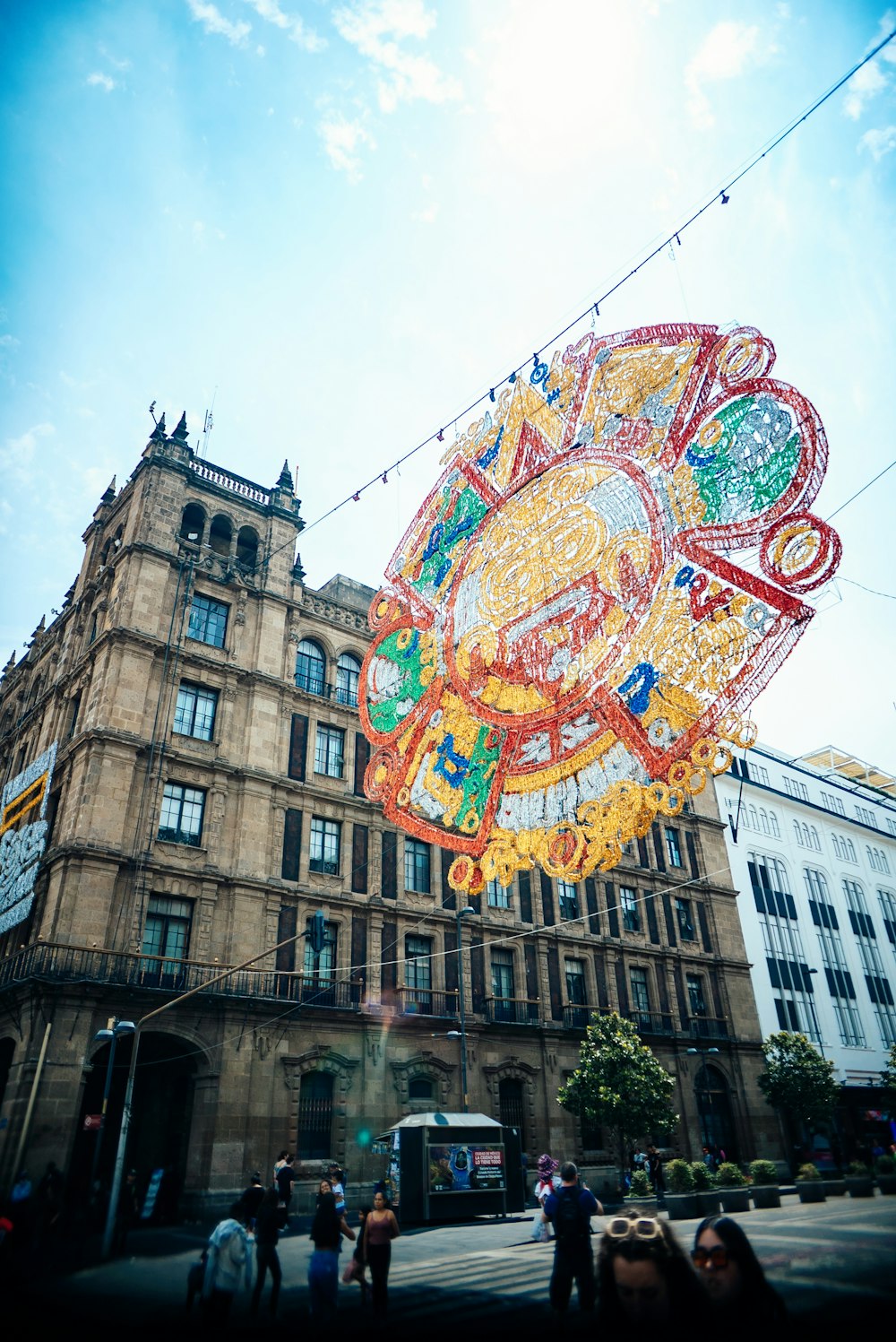 a building with a large kite hanging from it's side