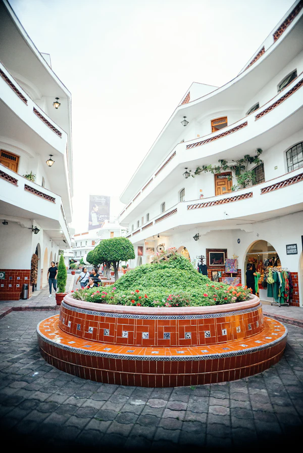 A tiled inner courtyard with a circular planter and warm afternoon light