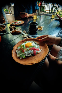 a person holding a plate with food on it