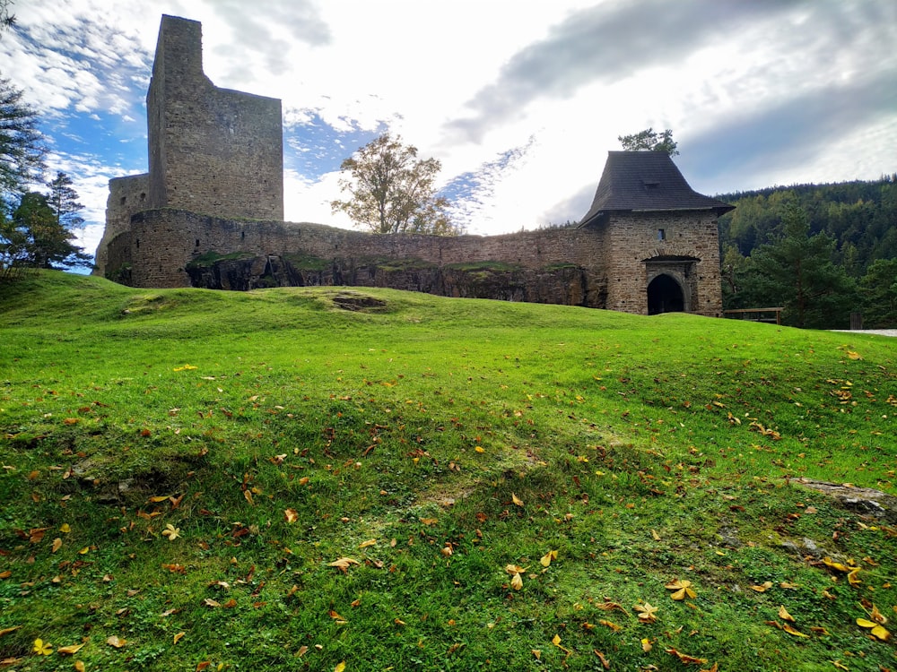 a castle with a tower on top of a lush green hillside