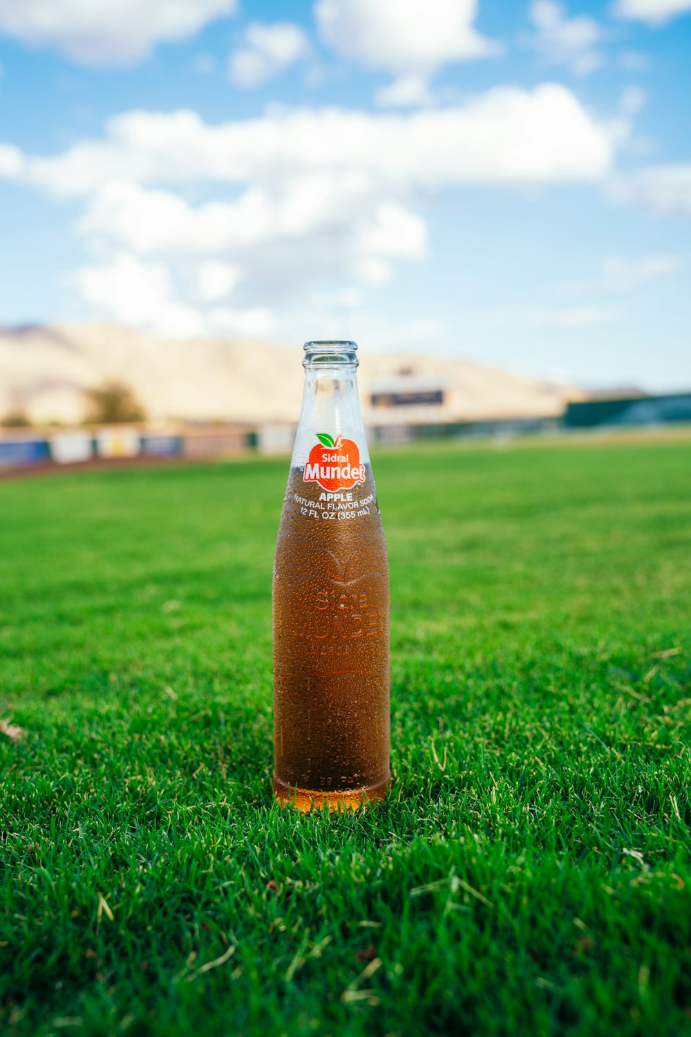 a bottle of soda sitting on top of a lush green field