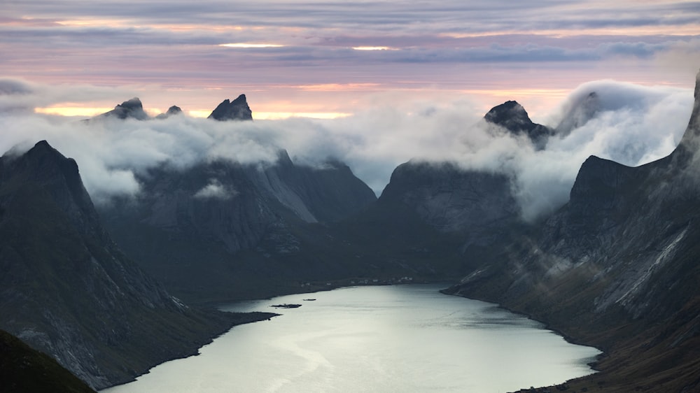 a large body of water surrounded by mountains