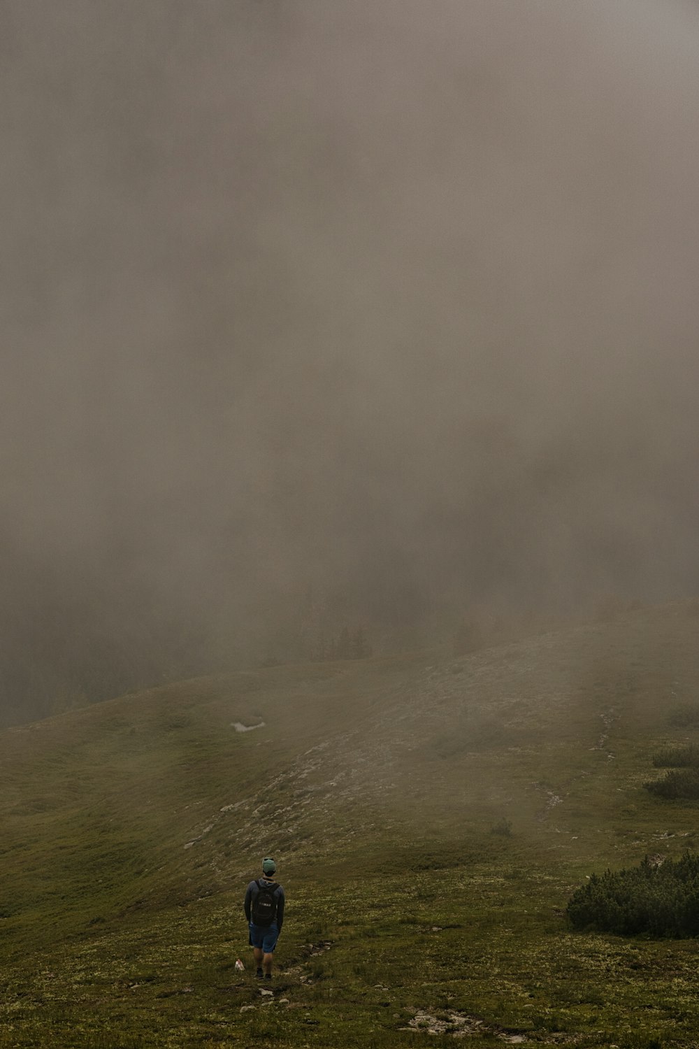 a person walking up a hill in the fog