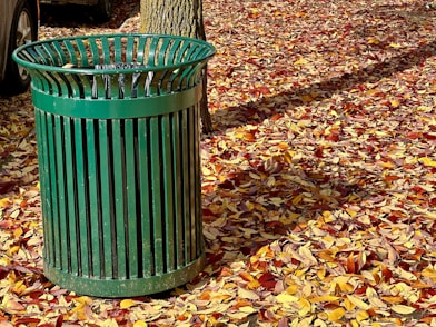 a green trash can sitting next to a tree