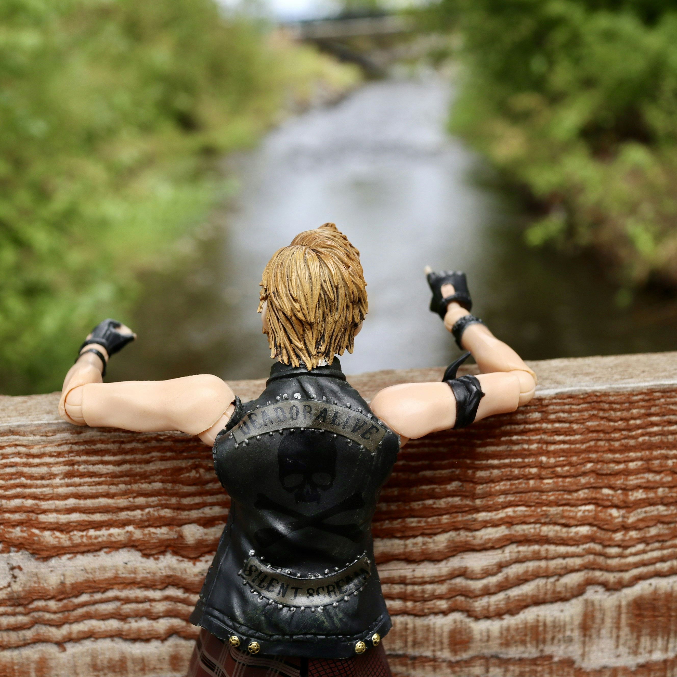 uma estátua de uma mulher em cima de uma cerca de madeira