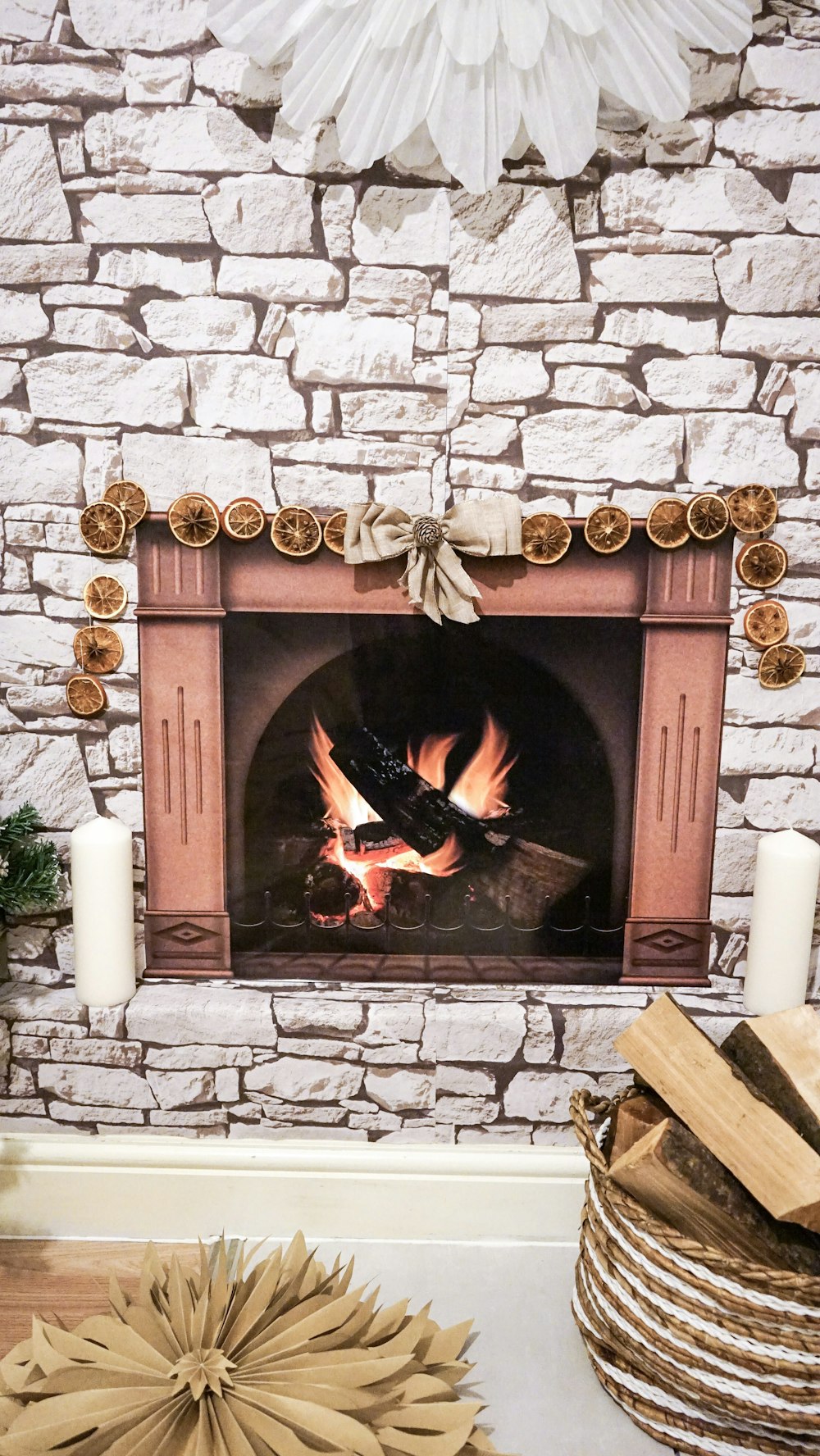 a fireplace with a fire burning in it