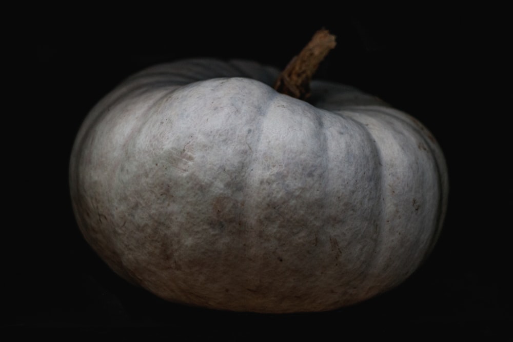 a close up of a white pumpkin on a black background