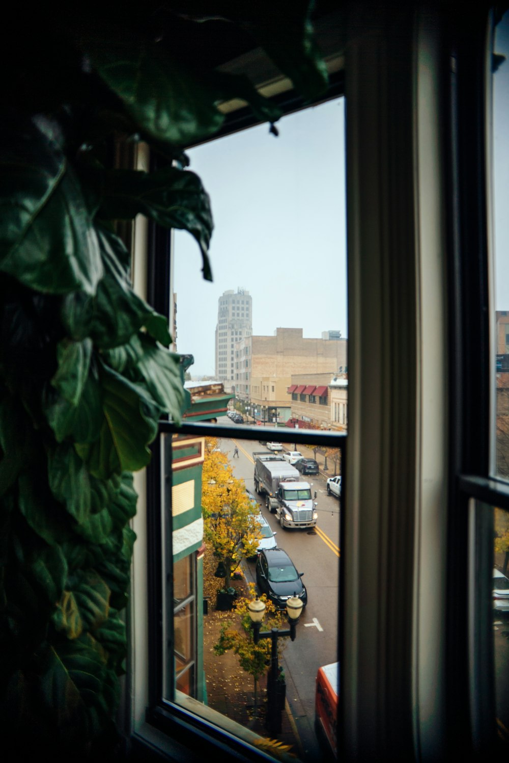 a view of a street from a window