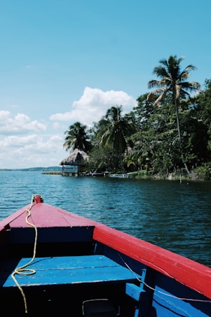 A vibrant blue and red boat is floating on a calm body of water, approaching a shoreline adorned with palm trees and a small thatched-roof structure. The sky is bright blue with scattered fluffy clouds, creating a serene and tropical atmosphere.