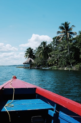 A vibrant blue and red boat is floating on a calm body of water, approaching a shoreline adorned with palm trees and a small thatched-roof structure. The sky is bright blue with scattered fluffy clouds, creating a serene and tropical atmosphere.