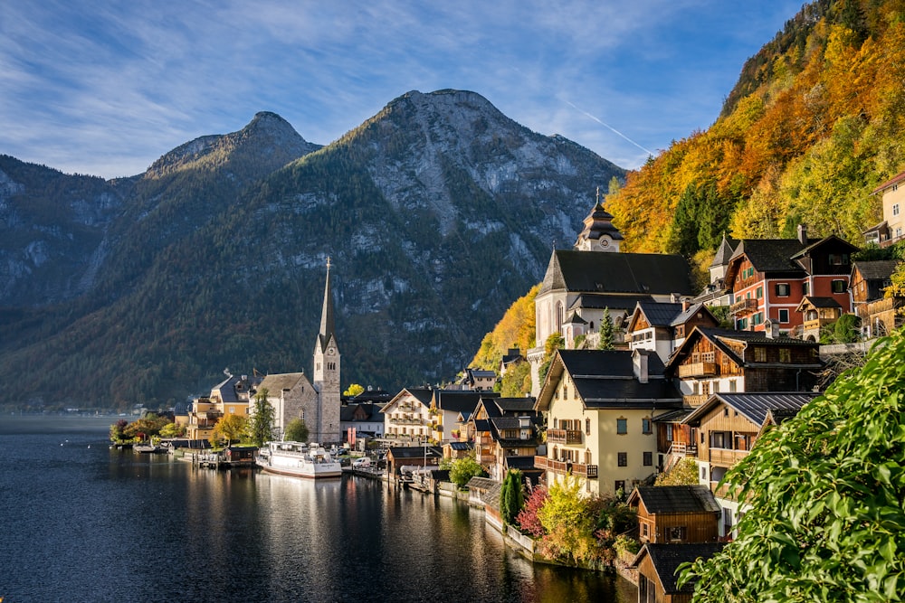 uma vista panorâmica de uma cidade em um lago