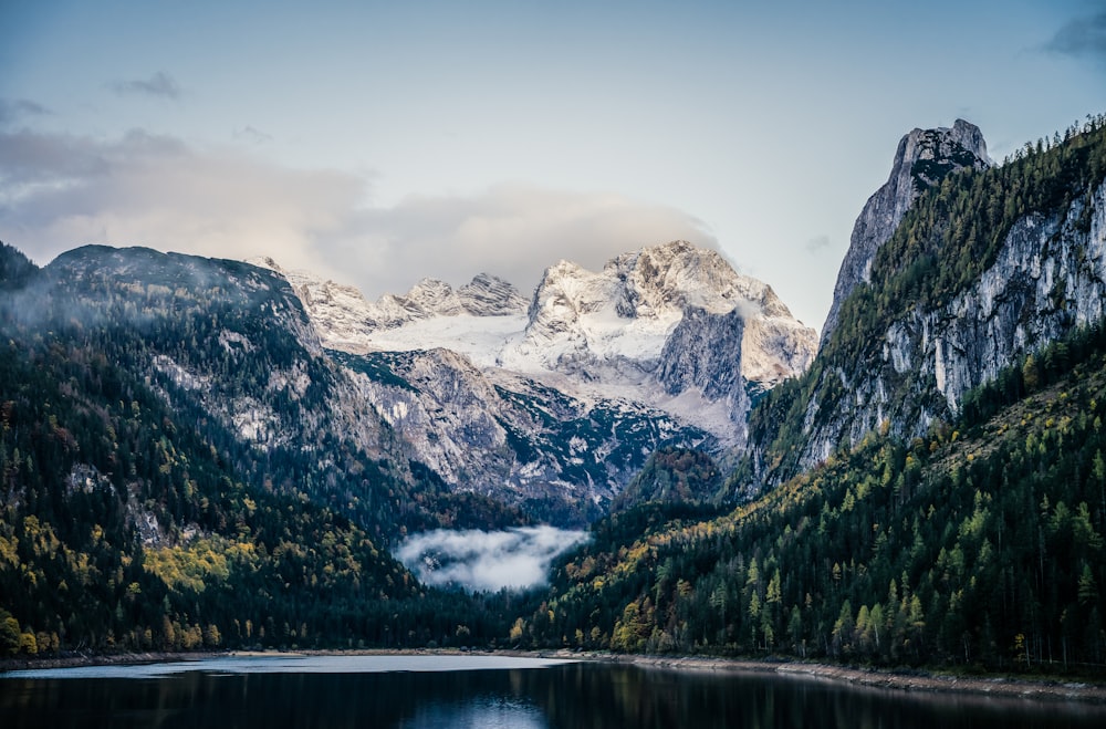 a mountain range with a lake in the foreground