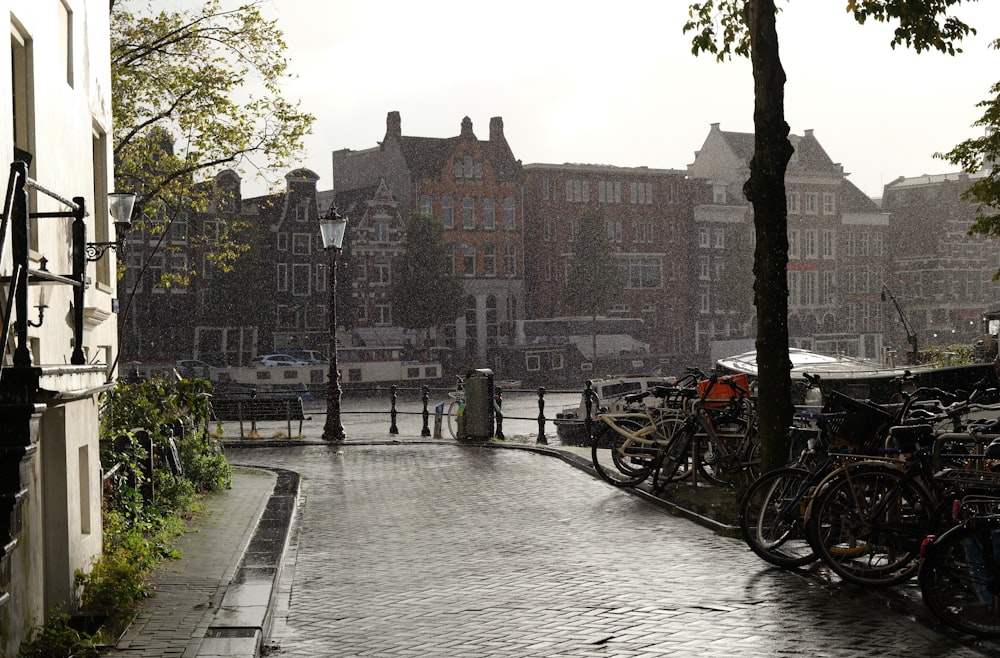 a cobblestone street lined with parked bicycles