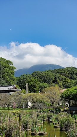 A serene landscape featuring lush greenery and trees in the foreground, with a traditional building partially visible. A pond with circular plant islands adds to the natural aesthetic. In the background, a towering mountain rises, partially covered by fluffy white clouds against a bright blue sky.