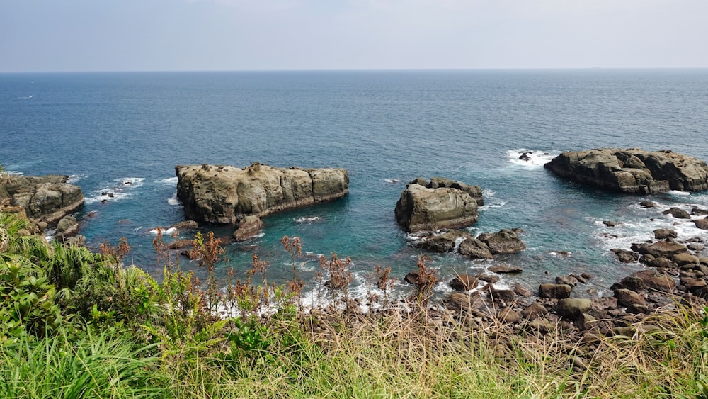 a body of water surrounded by rocks and grass