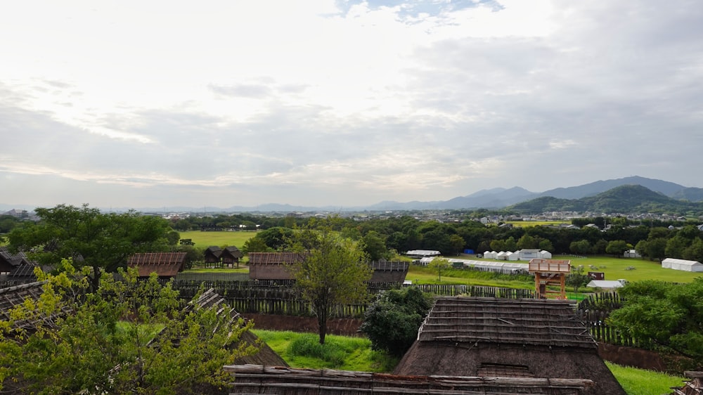 a view of a village with mountains in the background