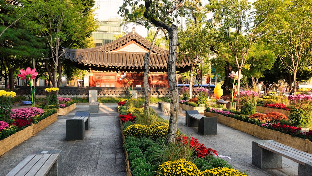 a park with a lot of flowers and benches