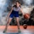 A young basketball player in a blue and white uniform holds a basketball while in an athletic stance. Smoke surrounds the scene, creating a dramatic atmosphere on the court. Another basketball can be seen resting in the background.