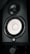A black speaker with a shiny, silver-colored woofer and a smaller tweeter located above it. The speaker features a logo and appears to be mounted on a stand.